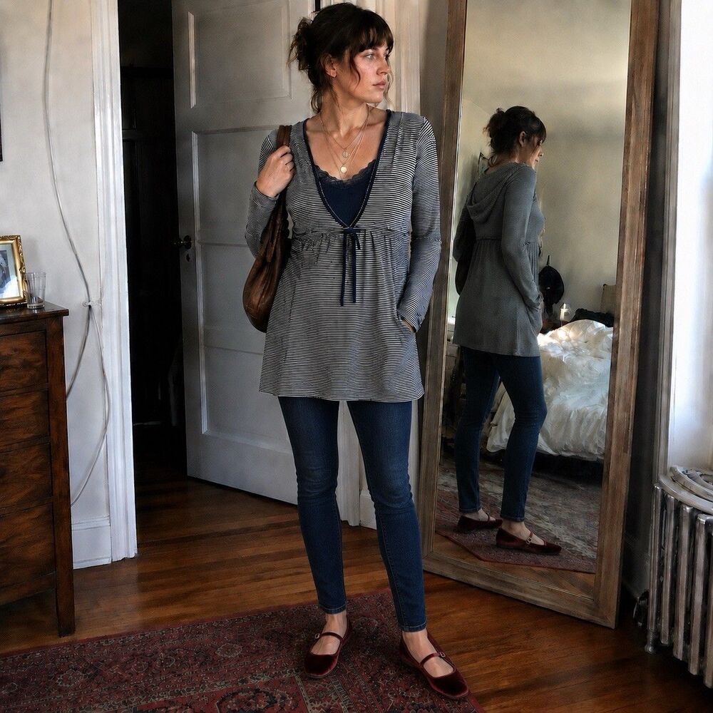 Merona 2007 Y2K Striped Hooded Tunic Top M Empire Waist Indie